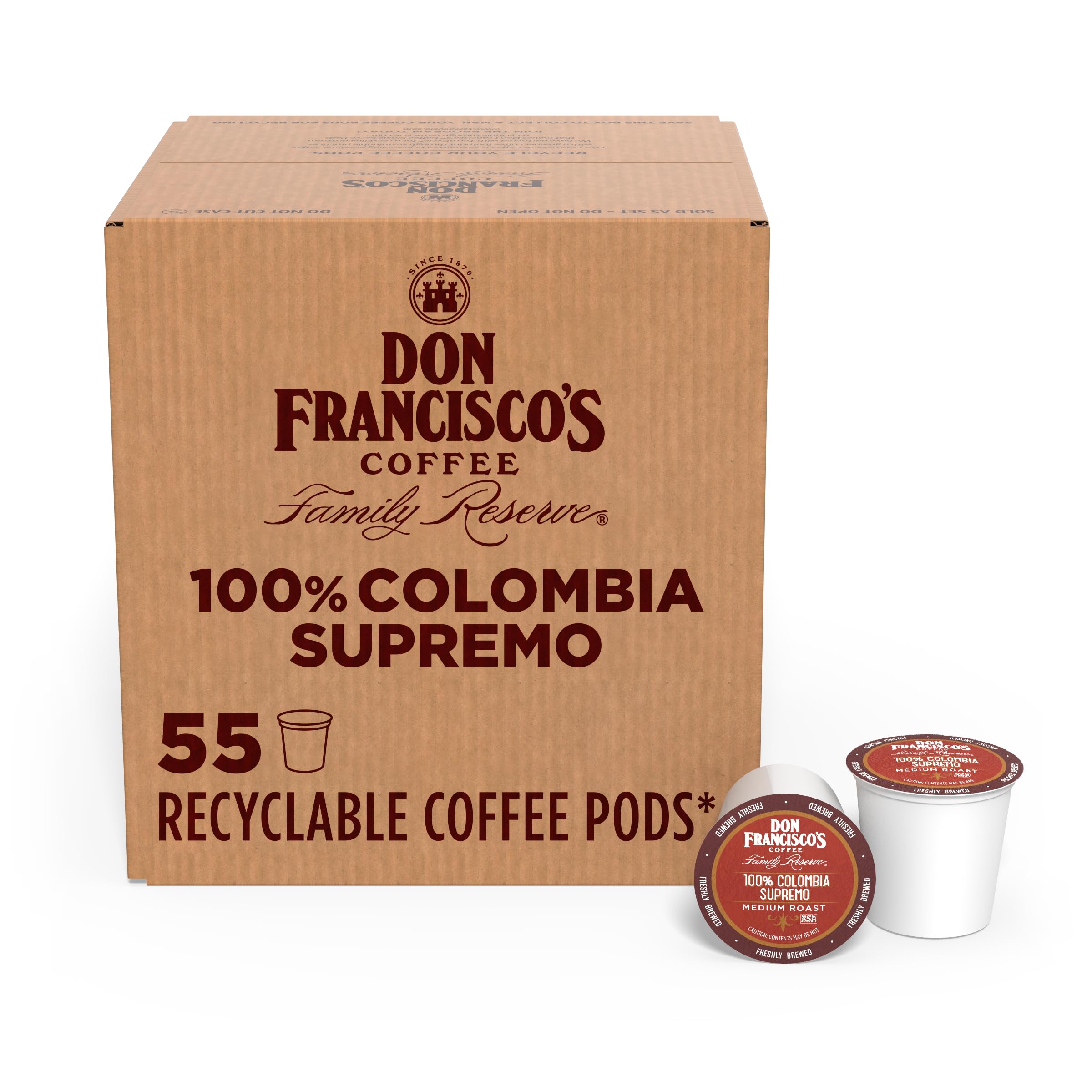Don Francisco's Colombia Supremo pods packaging, 55-count, convenient for daily brewing at home.