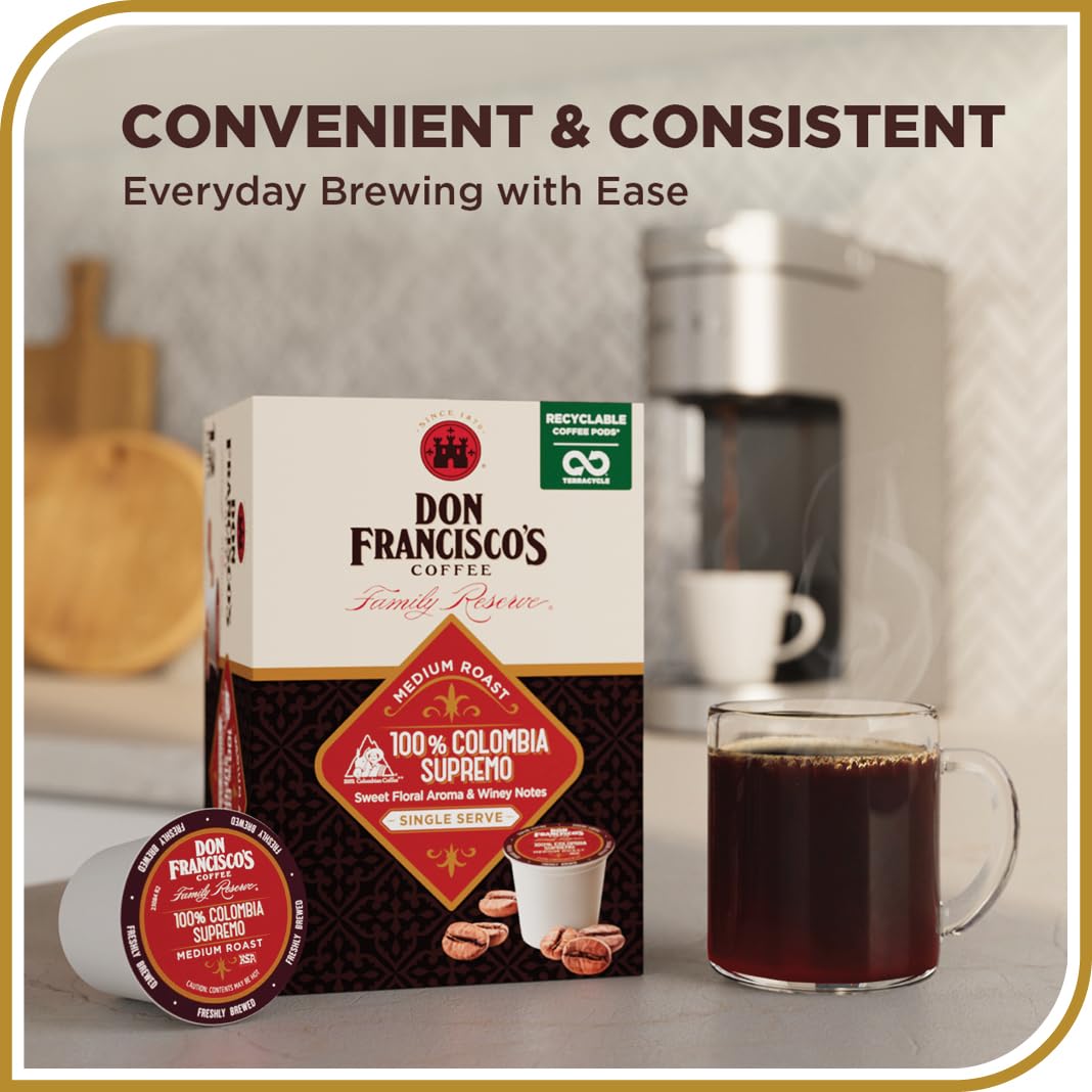 Don Francisco's Colombia Supremo pods closeup, 100% Arabica beans for rich aroma.