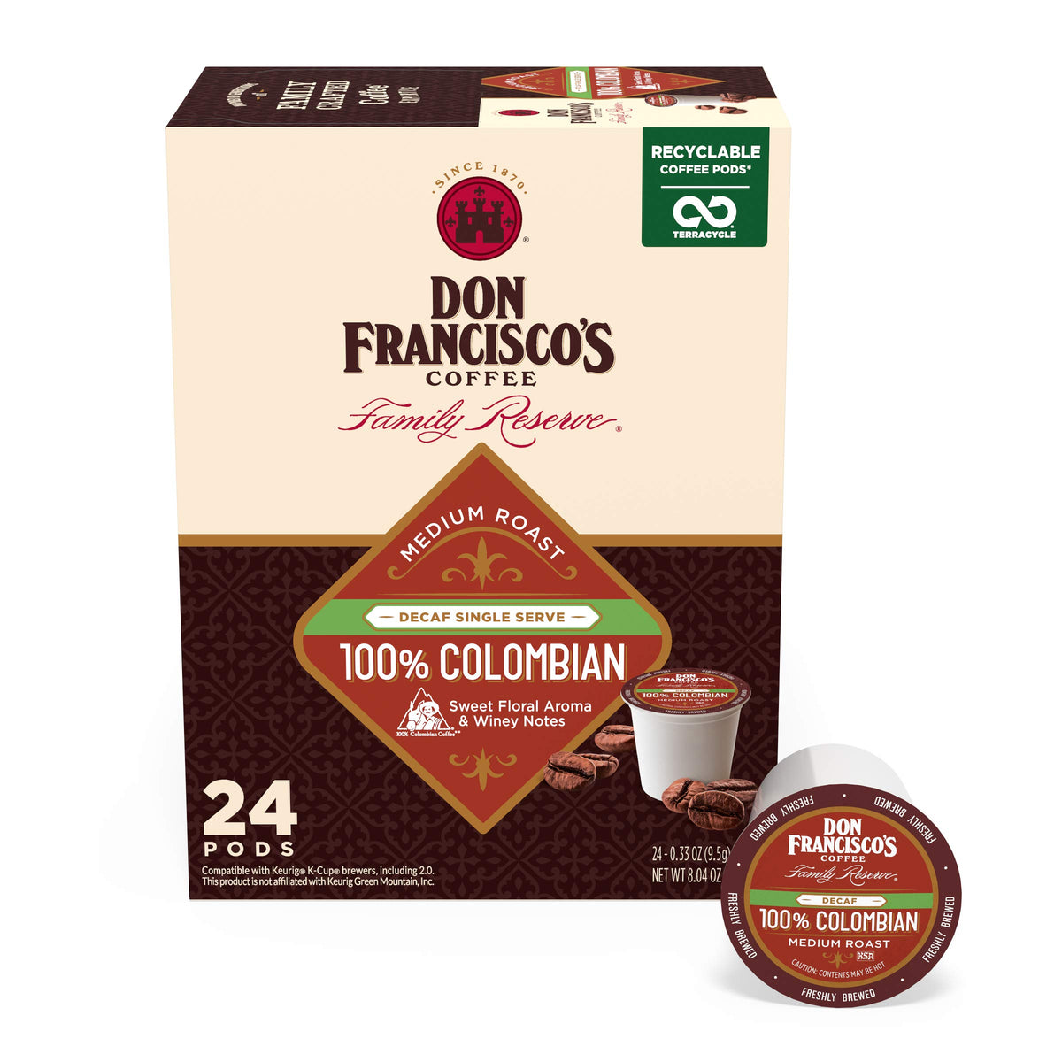 Don Francisco's decaf Colombia pods in packaging for easy at-home use