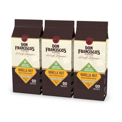 Don Francisco's Decaf Vanilla Nut Ground Coffee packaging highlights freshness via nitrogen-flushed bags.