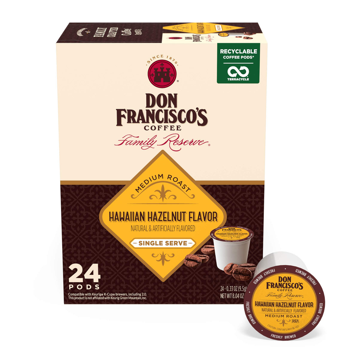 Don Francisco's Hawaiian Hazelnut pods in a 24-count pack for quick single-serve mornings.