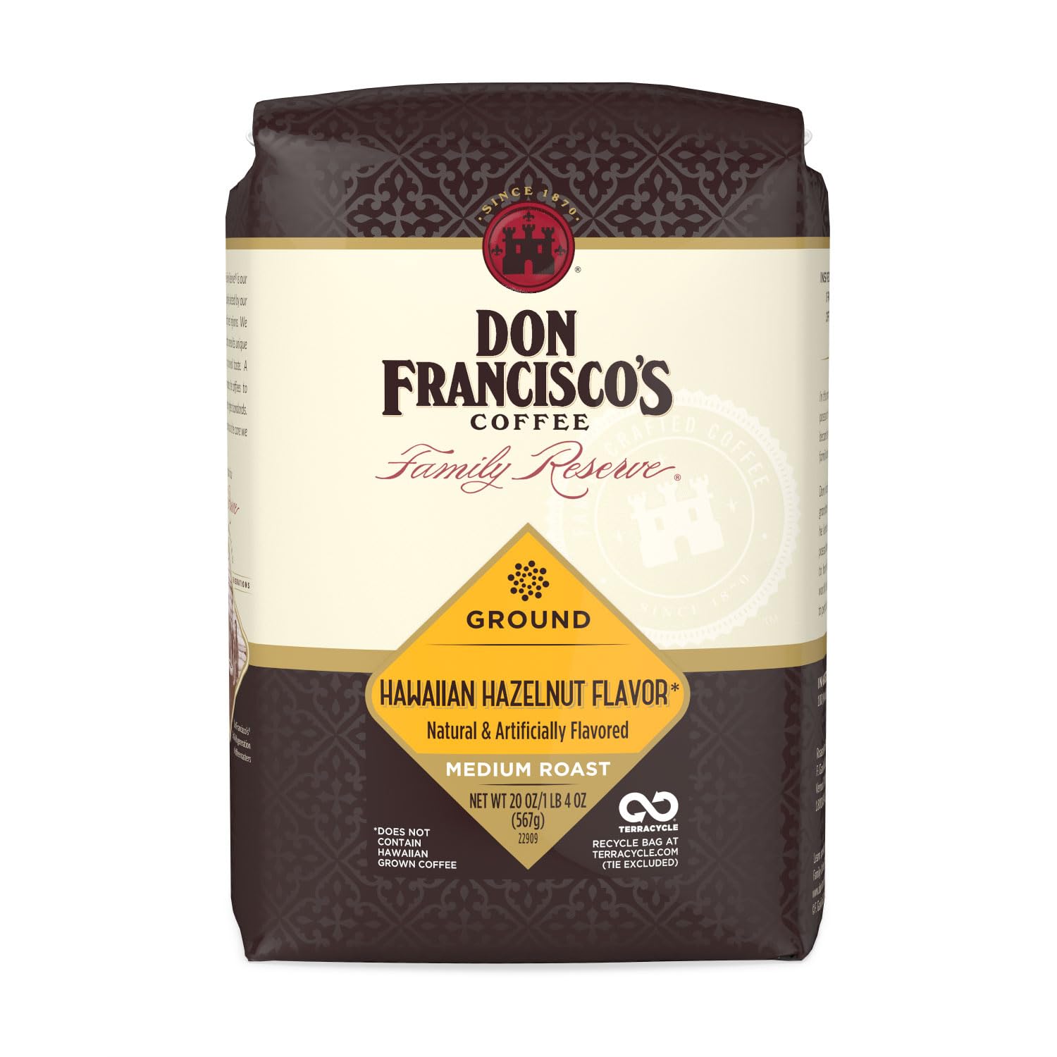 Don Francisco's Hawaiian Hazelnut Ground Coffee bag preserves freshness with nitrogen-flushed packaging