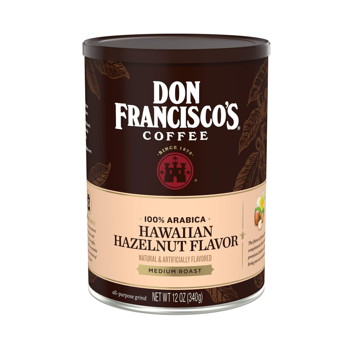 Don Francisco's Hawaiian Hazelnut ground coffee can, premium Arabica aroma for mornings