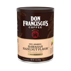 Don Francisco's Hawaiian Hazelnut ground coffee can, premium Arabica aroma for mornings