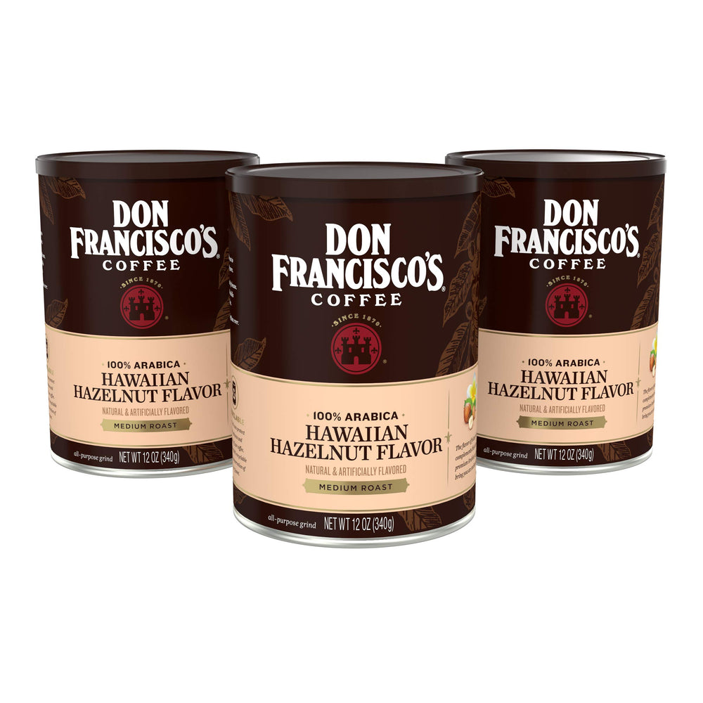 Don Francisco's Hawaiian Hazelnut ground coffee cans preserve freshness for daily brewing.