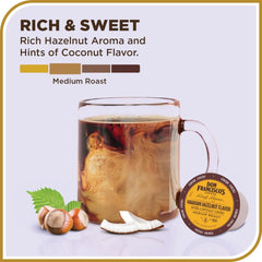 Don Francisco's Hawaiian Hazelnut pods beside a Keurig, showcasing quick compatibility.