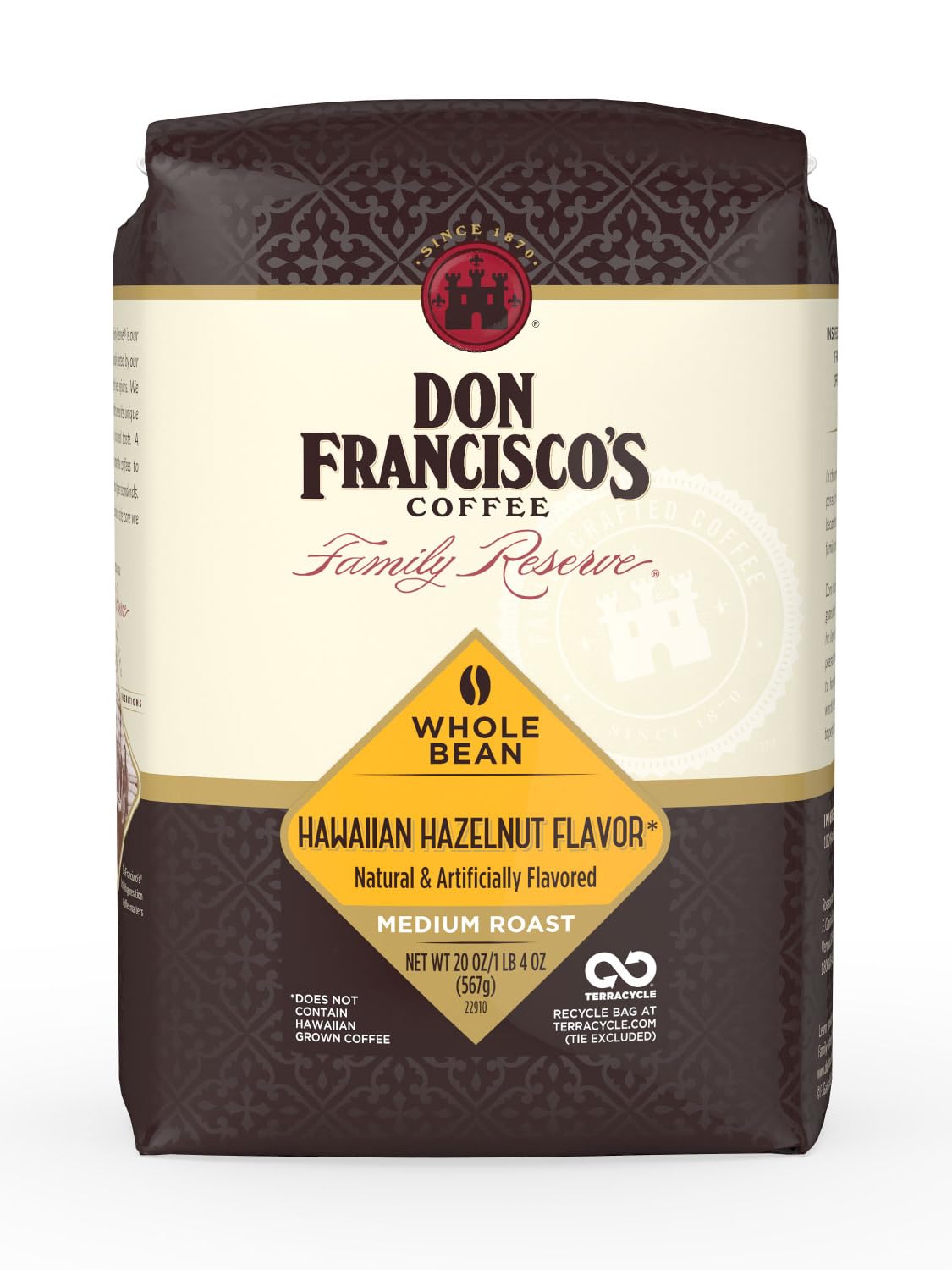 Don Francisco's Hawaiian Hazelnut whole bean bag preserves freshness with nitrogen-flush.