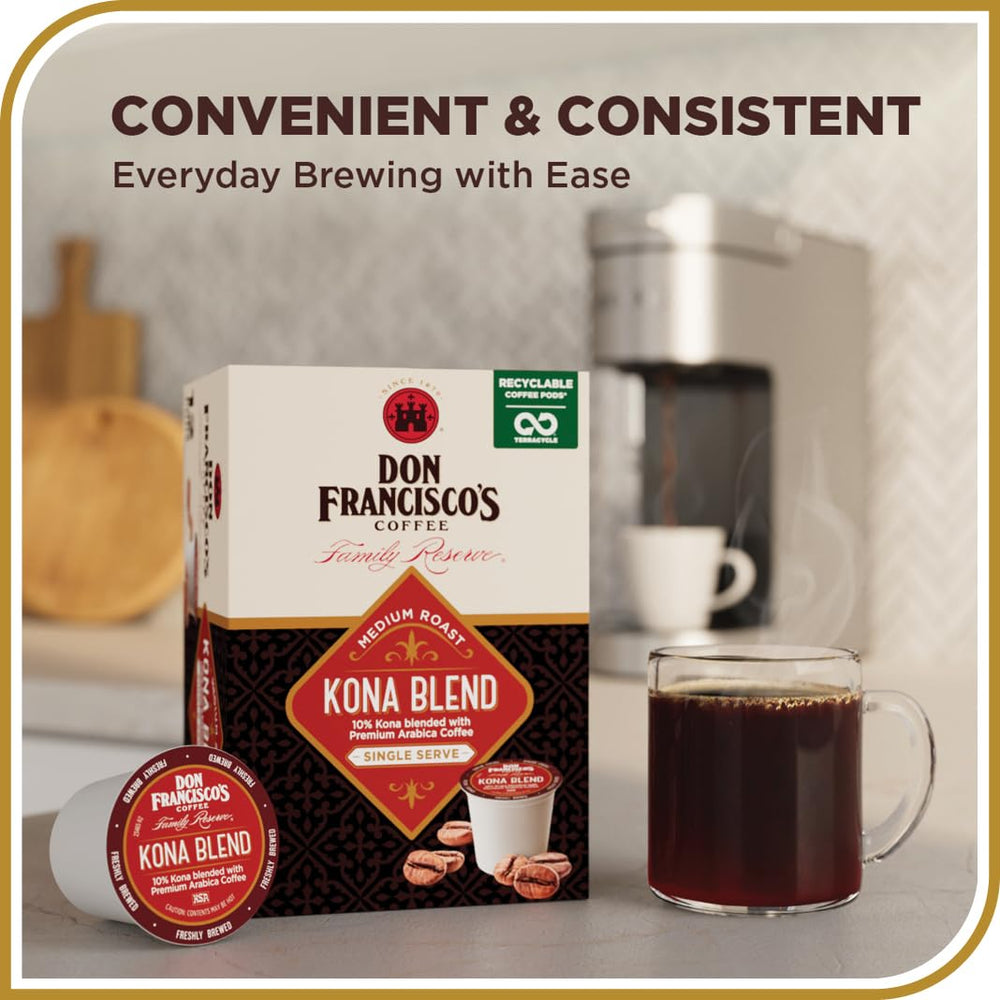 Brewing a Kona Blend cup for a smooth, fruity-flavored morning.