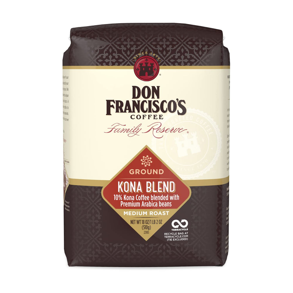 Don Francisco's Kona Blend Ground Coffee bag shows 18 oz freshness for daily brewing.