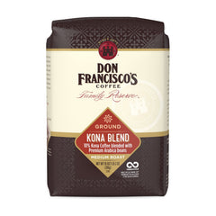 Don Francisco's Kona Blend Ground Coffee bag shows 18 oz freshness for daily brewing.