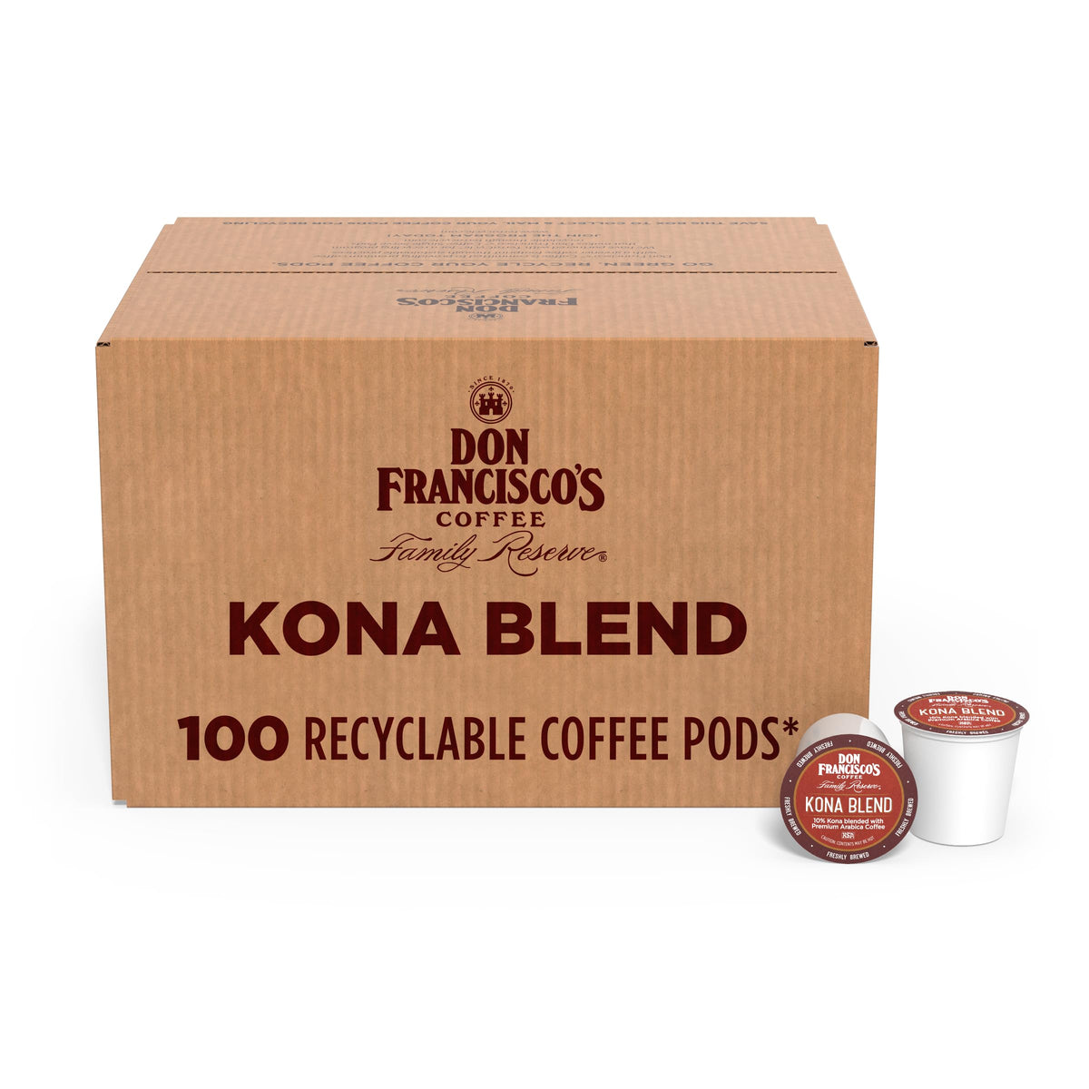 Don Francisco's Kona Blend pods in a 100-count box for daily Keurig use.