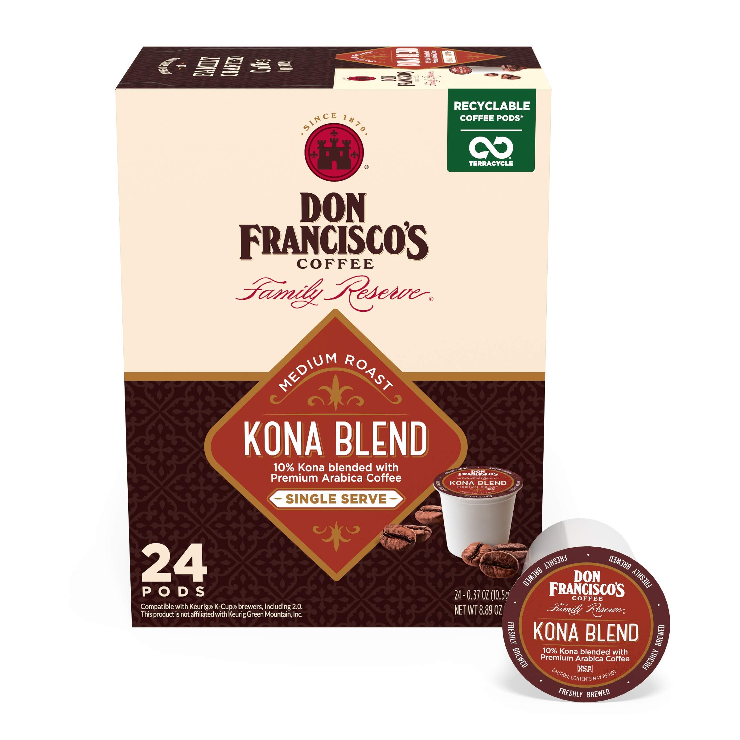 Don Francisco's Kona Blend pods box front, highlighting convenient single-serve coffee for busy mornings.