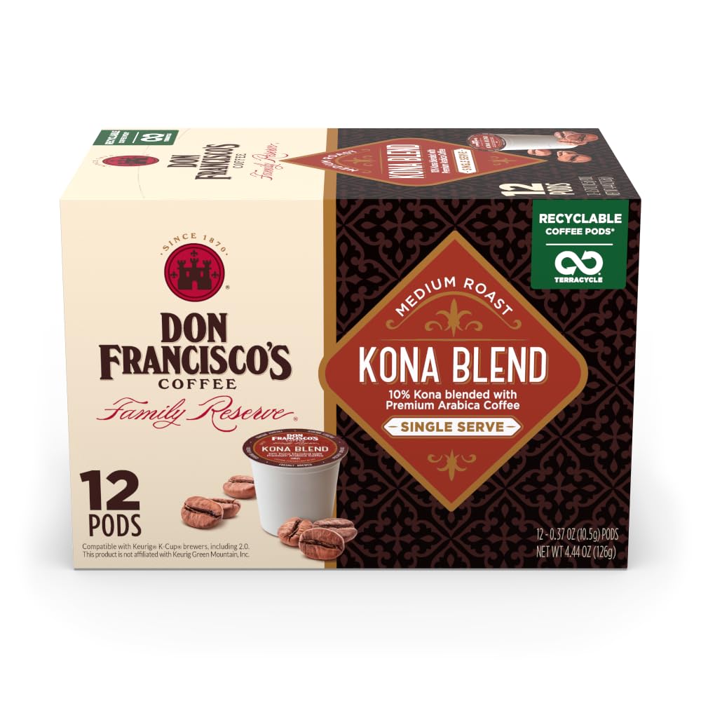 Don Francisco's Kona Blend pods front view for quick, flavorful mornings.