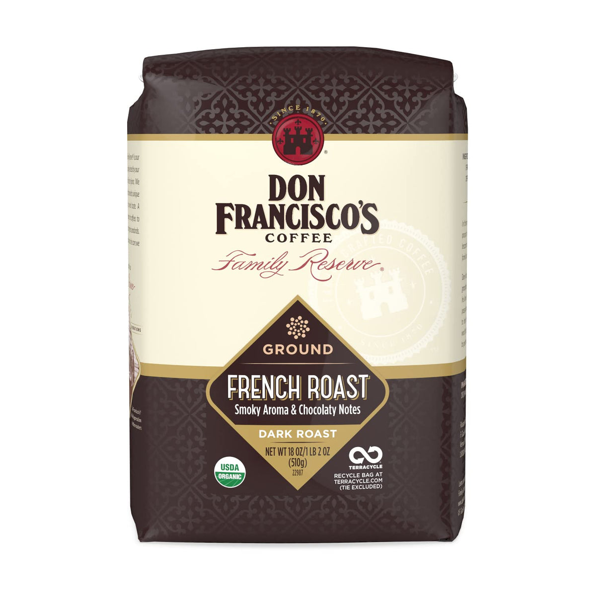Don Francisco's Organic French Roast coffee bag label signals freshness for rich mornings.