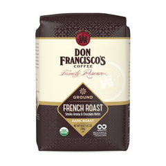 Don Francisco's Organic French Roast coffee bag label signals freshness for rich mornings.