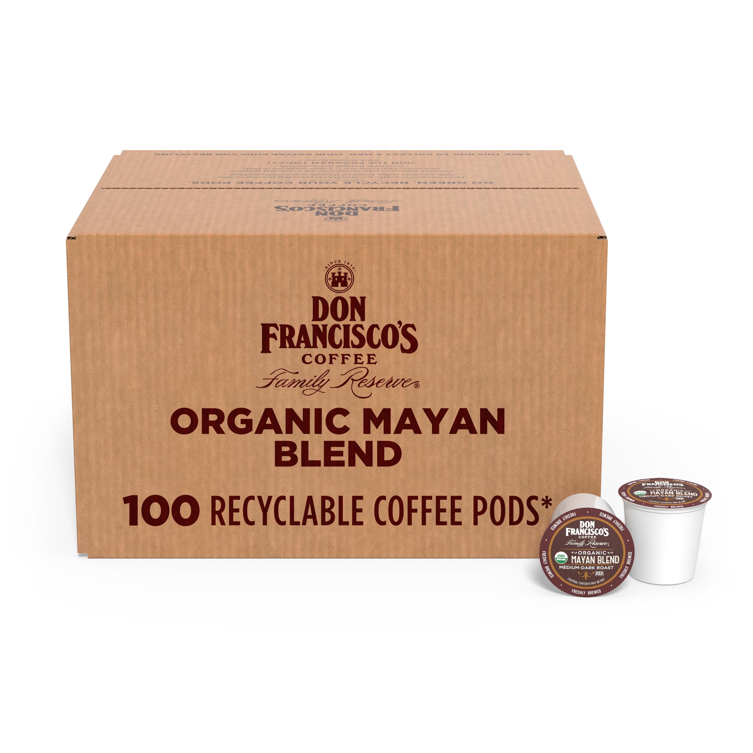 Don Francisco's Organic Mayan coffee pods in a box ready for daily brewing.