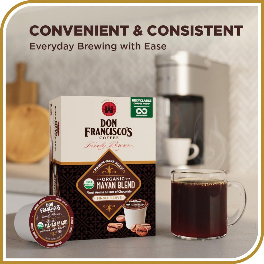 Don Francisco's Mayan pods in a Keurig for quick, convenient brewing.