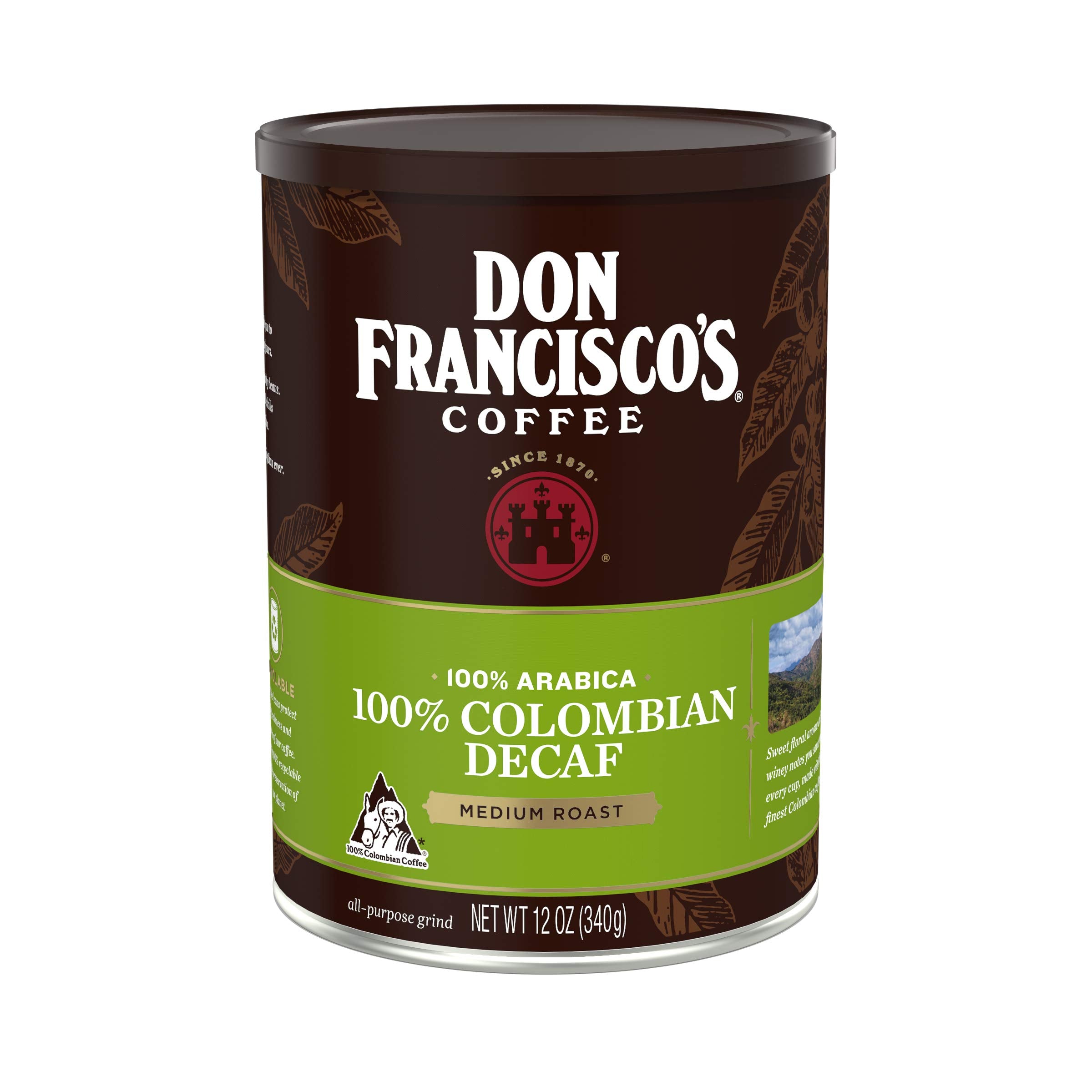 Don Francisco's decaf Colombia Supremo can; rich aroma for mornings
