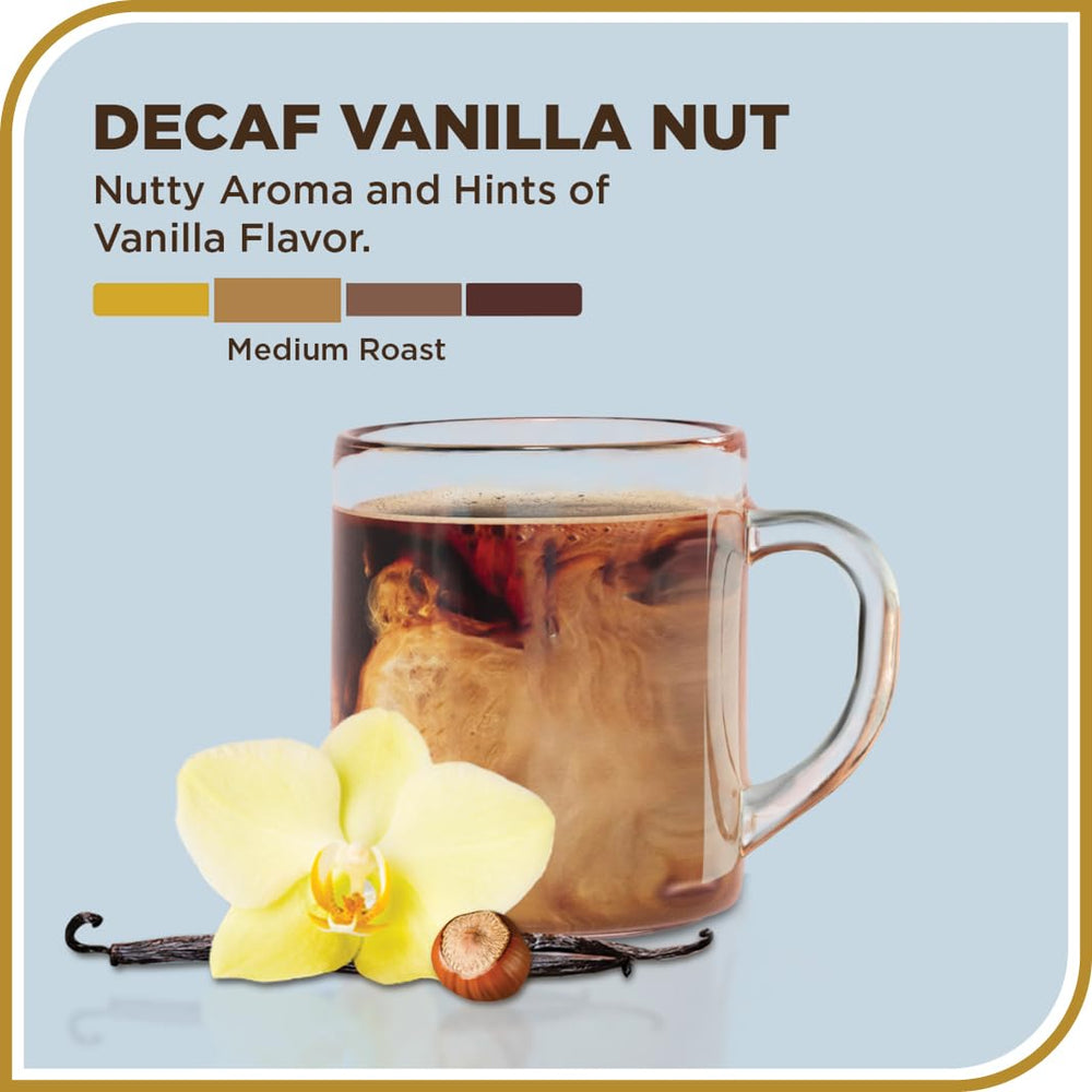 Don Francisco's Decaf Vanilla Nut aroma highlighting smooth vanilla and nutty notes.