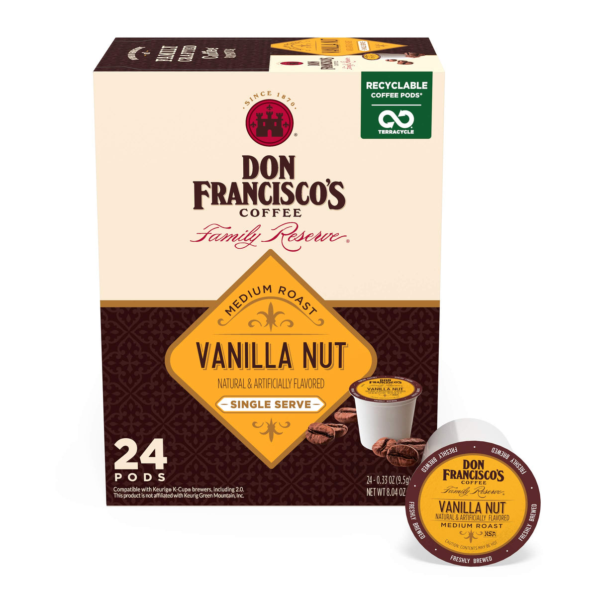 Don Francisco's Vanilla Nut coffee pods pack offers quick flavor for busy mornings.