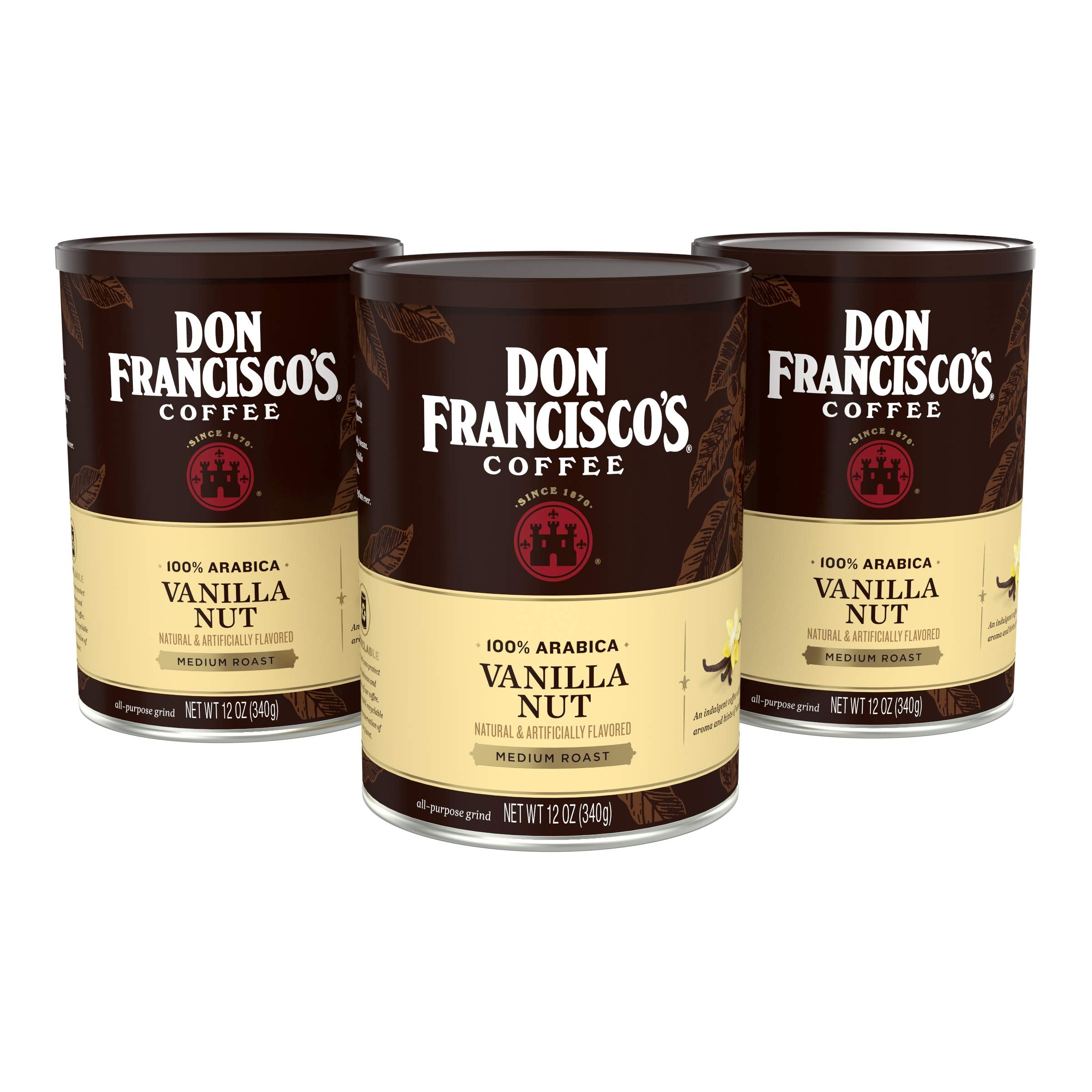 Don Francisco's Vanilla Nut ground coffee packaging showing freshness seals and label.