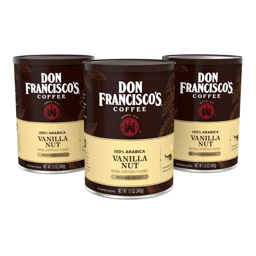 Don Francisco's Vanilla Nut ground coffee packaging showing freshness seals and label.