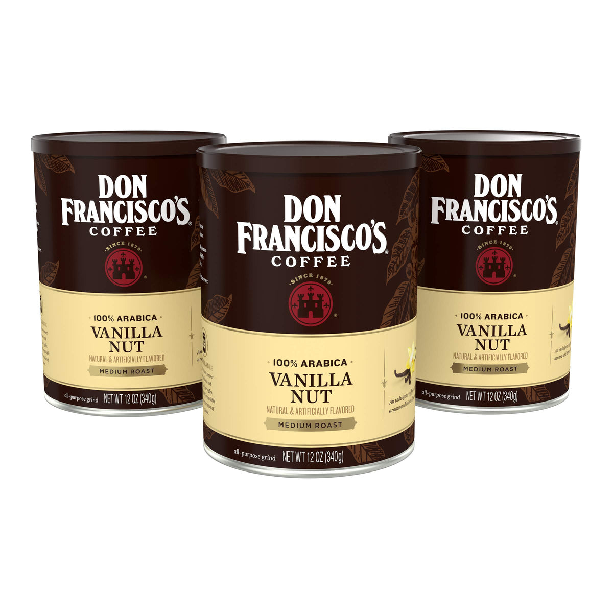 Don Francisco's Vanilla Nut ground coffee packaging showing freshness seals and label.
