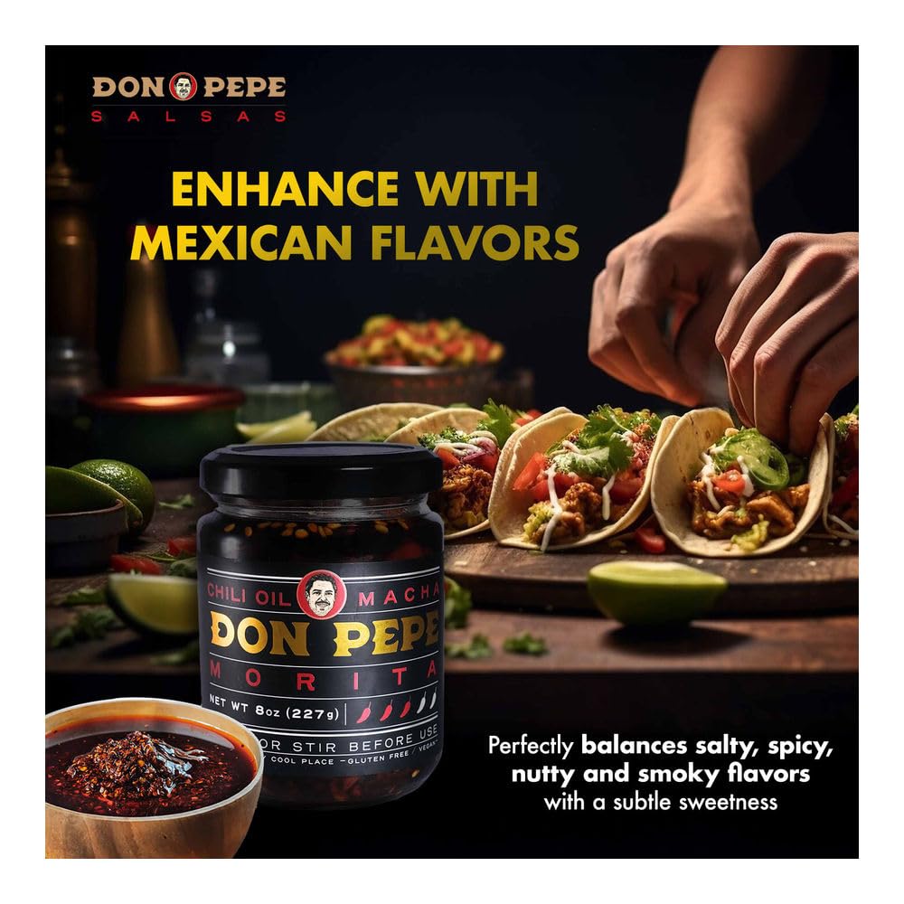 Don Pepe Salsa Macha Morita jar on countertop signals ready-to-use pantry staple