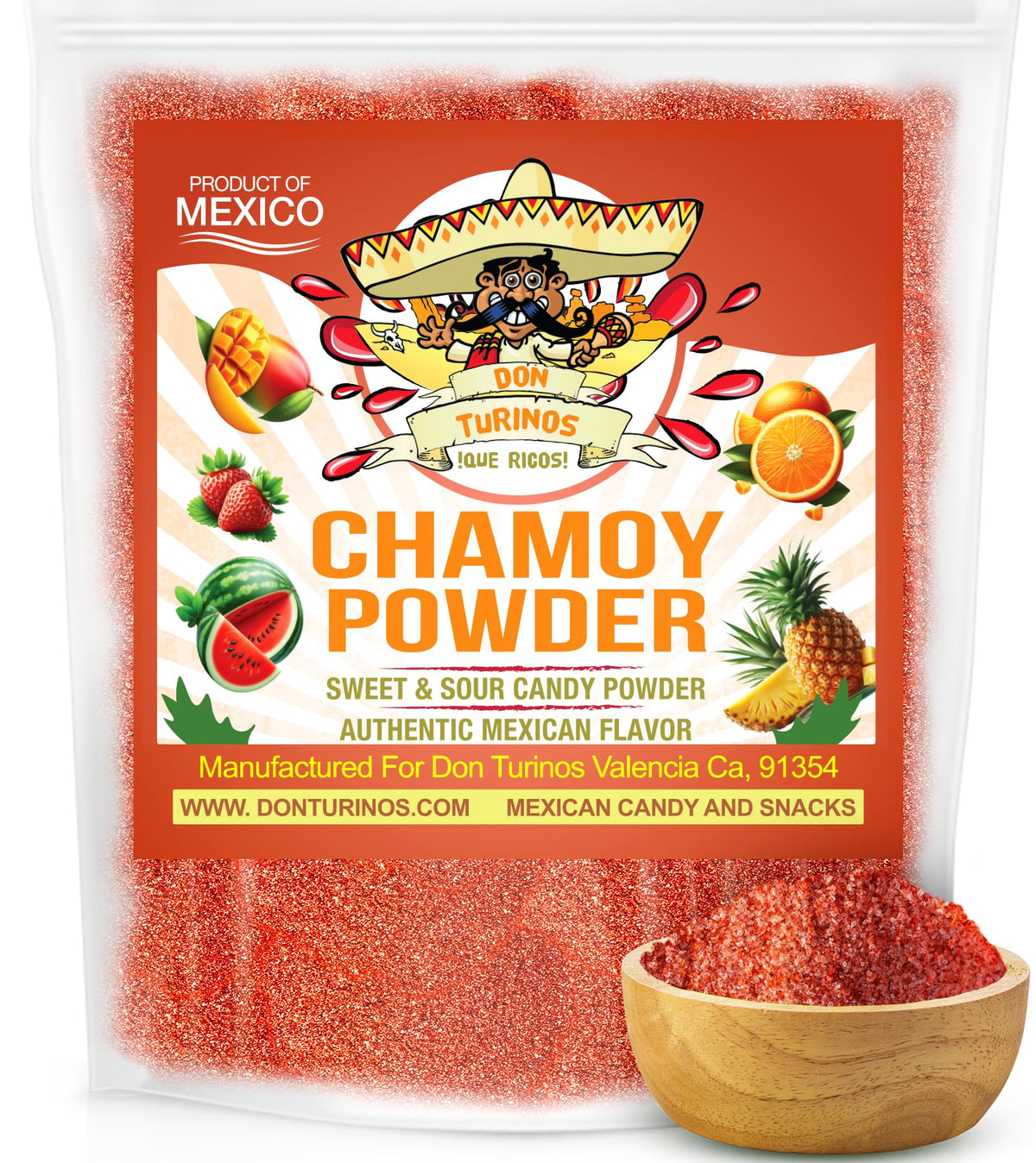 Don Turinos Chamoy Powder 12oz bag front, perfect for fruit and snacks.