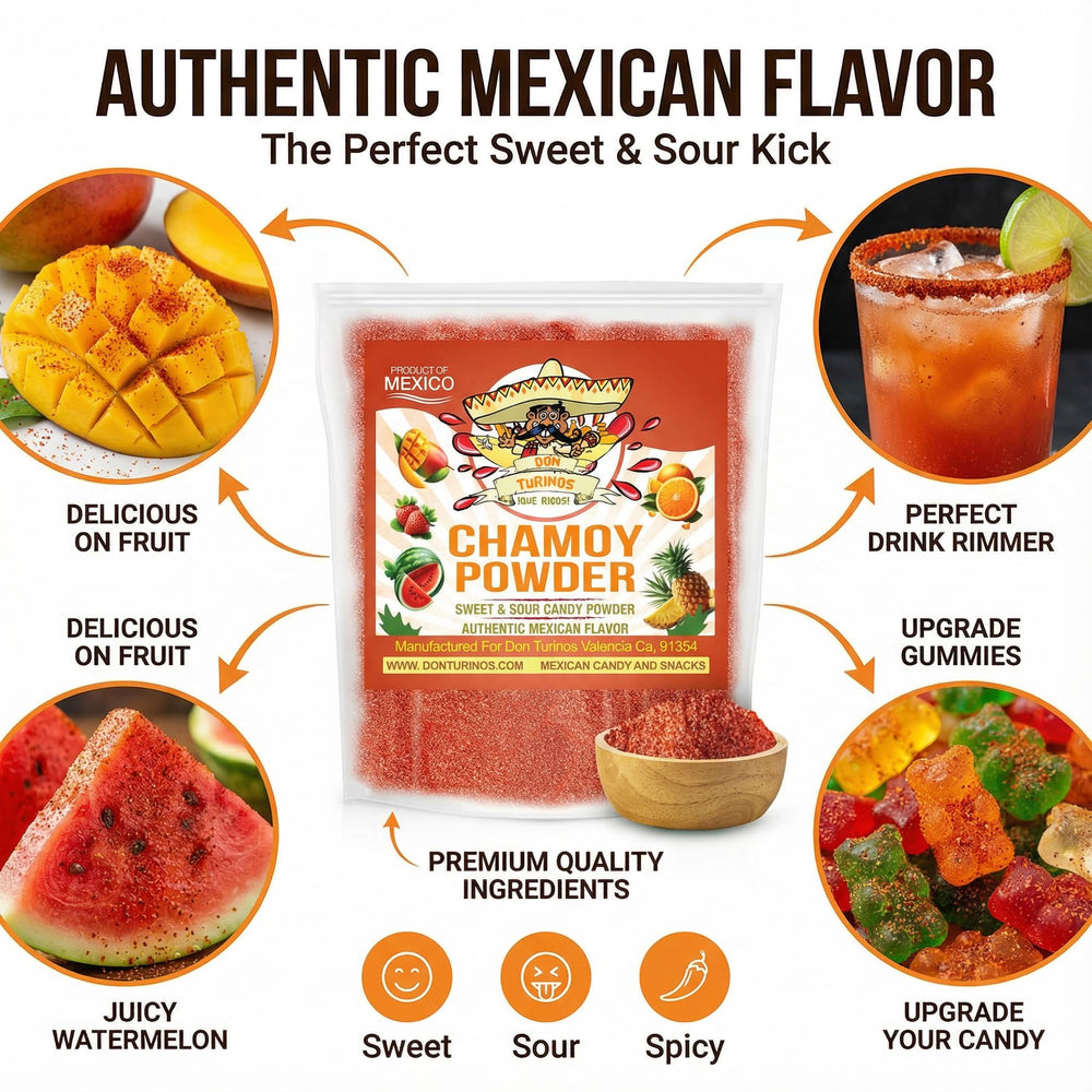 Don Turinos Chamoy Powder dusted mango slice for a tangy-sweet snack.