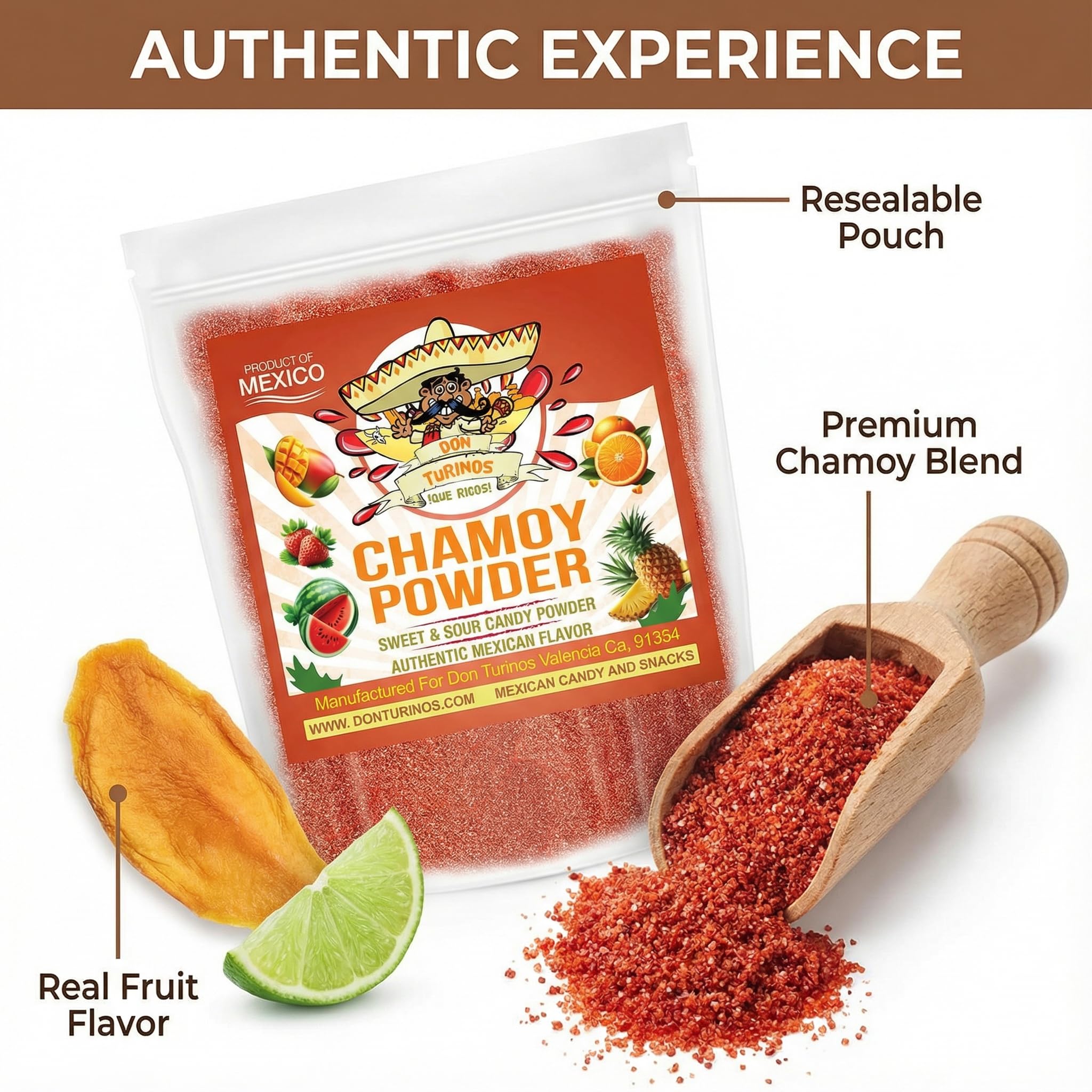 Don Turinos Chamoy Powder enhances fruit bowls with zesty notes.