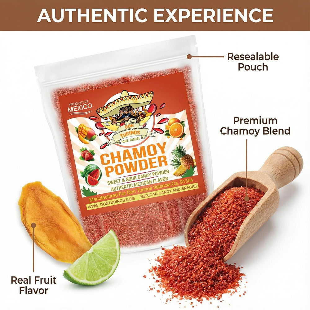 Don Turinos Chamoy Powder enhances fruit bowls with zesty notes.