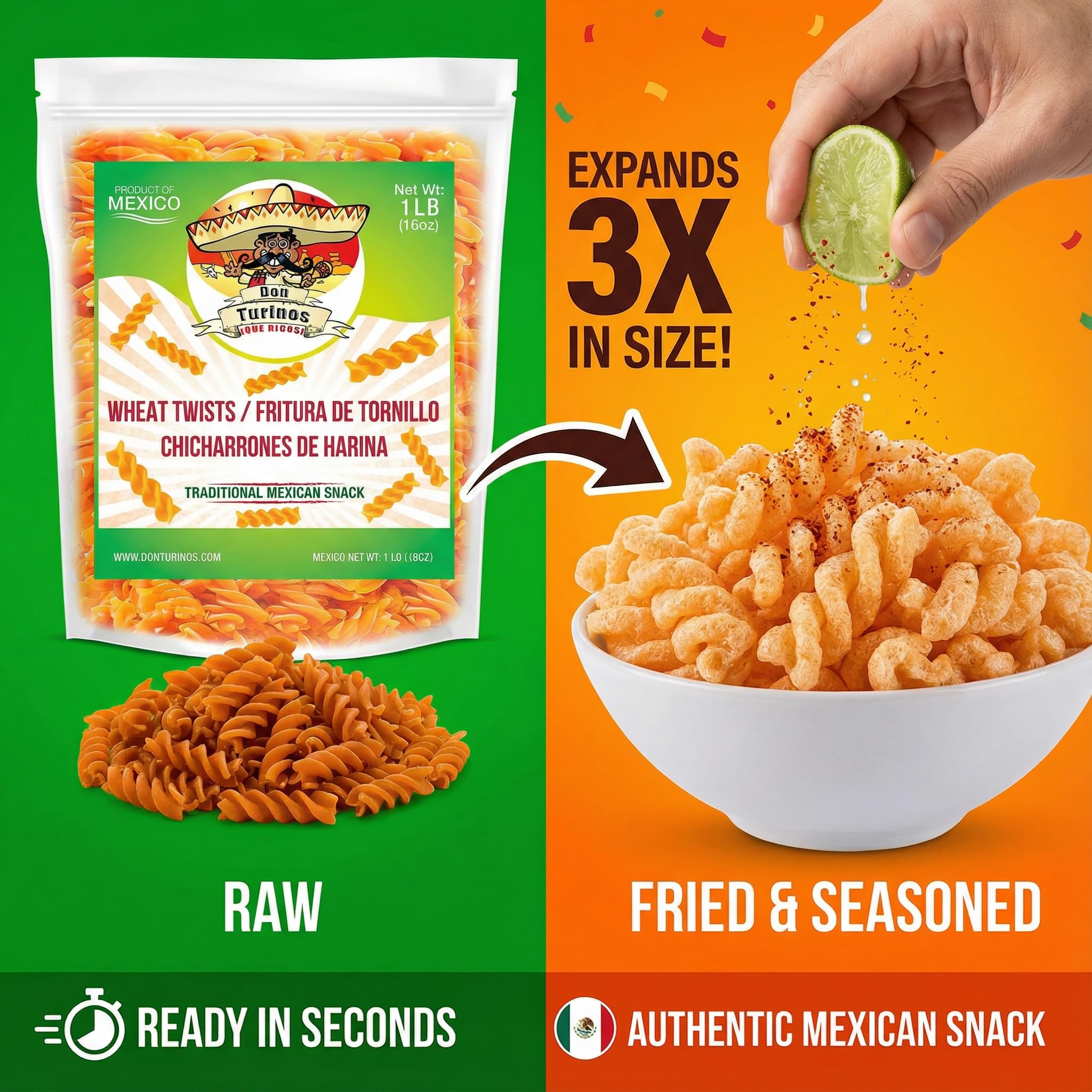 Don Turinos Duritos duros 1lb bag back – shows ingredients and serving ideas.
