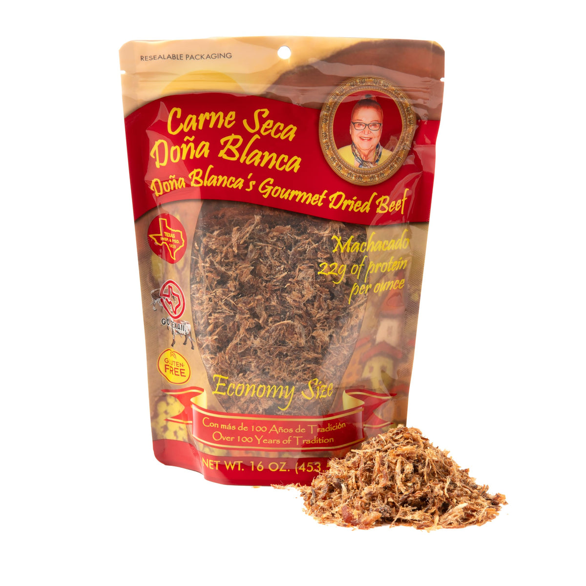 Dona Blanca dried beef 16oz packaging shows premium cuts, ideal for meal prep snacks.