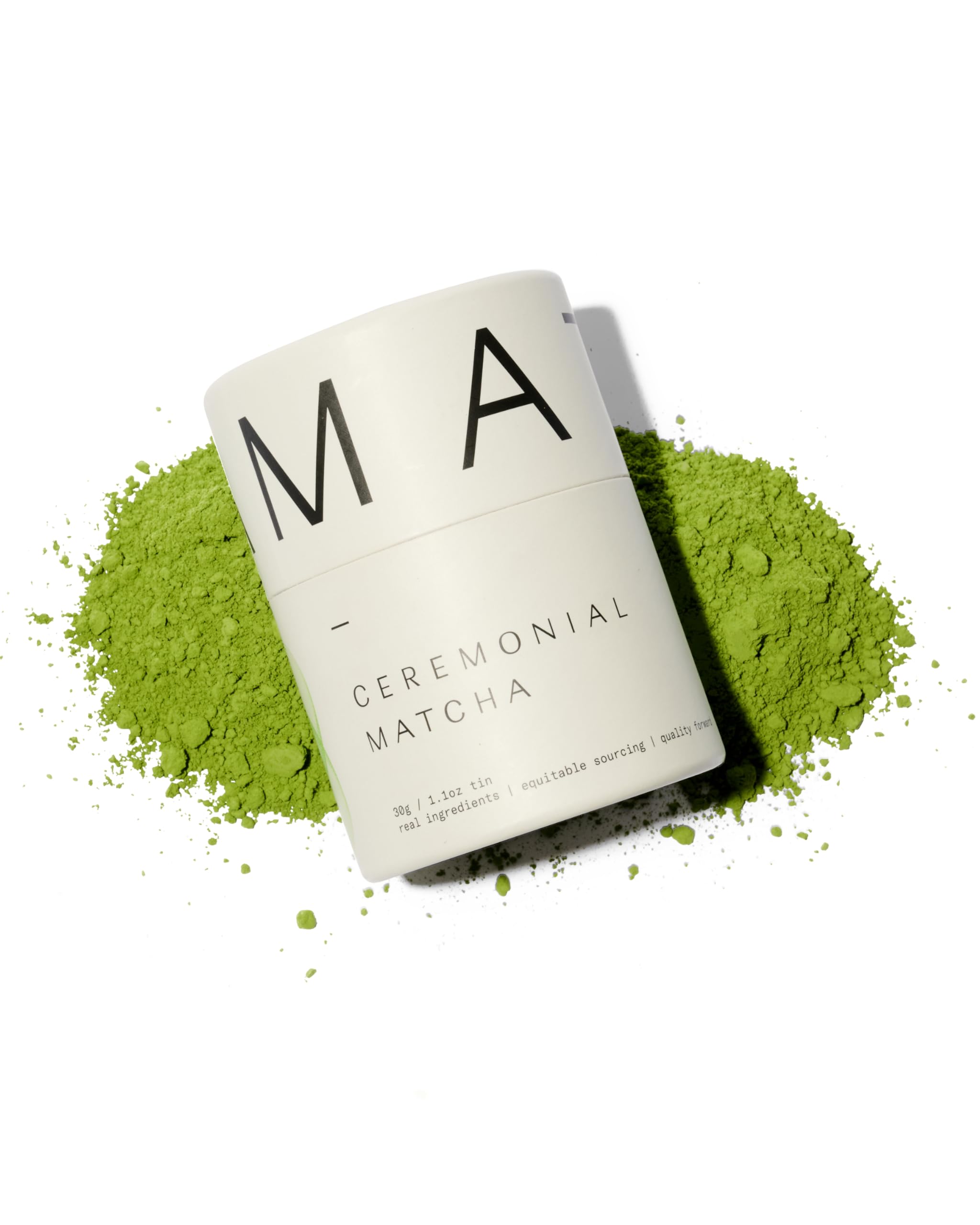 DONA First Flush Matcha tin close-up showing ceremonial-grade powder for a smooth cup