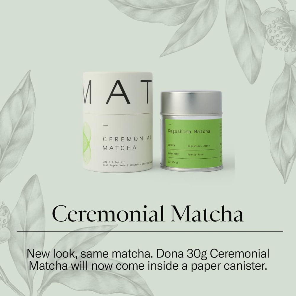DONA matcha powder close-up ready for whisking into a frothy beverage