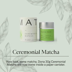 DONA matcha powder close-up ready for whisking into a frothy beverage