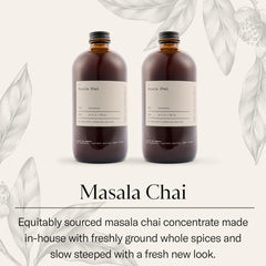 DONA Original Masala Chai concentrate bottle back label reveals ingredients and brewing notes