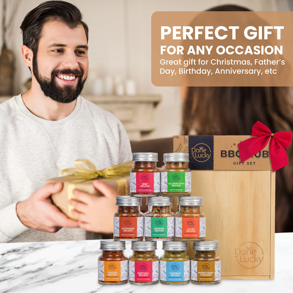 Done Lucky BBQ Rub Gift Set bottles arranged for easy seasoning during outdoor cookouts