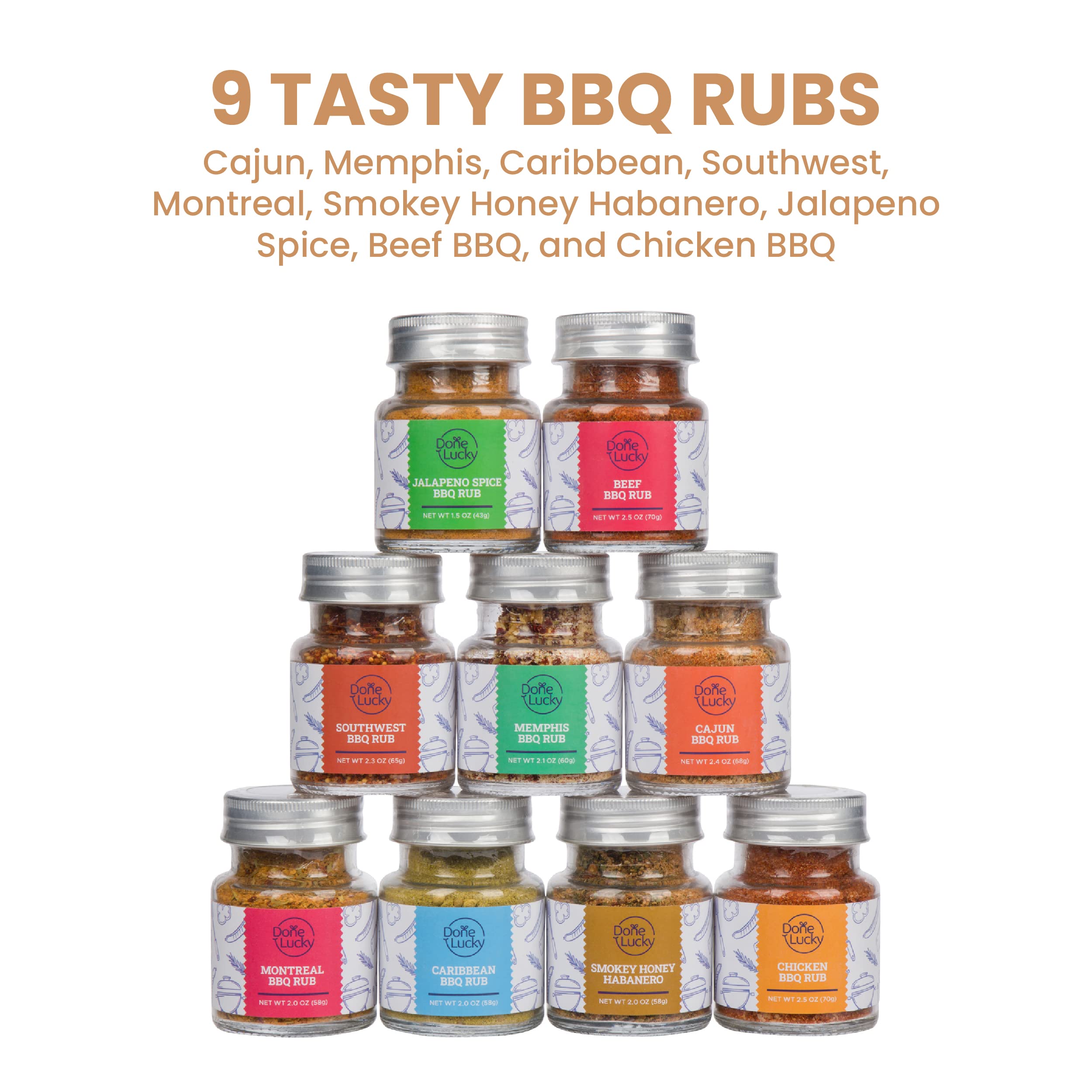Done Lucky BBQ Rub Gift Set flavors lineup displayed for versatile chicken, beef, pork, and fish