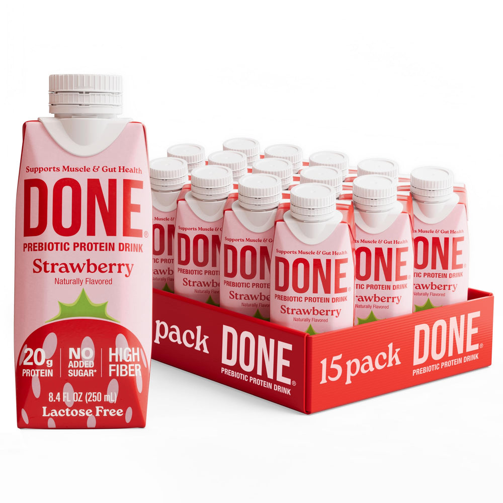 DONE prebiotic protein drink strawberry bottle, bright on-the-go protein option
