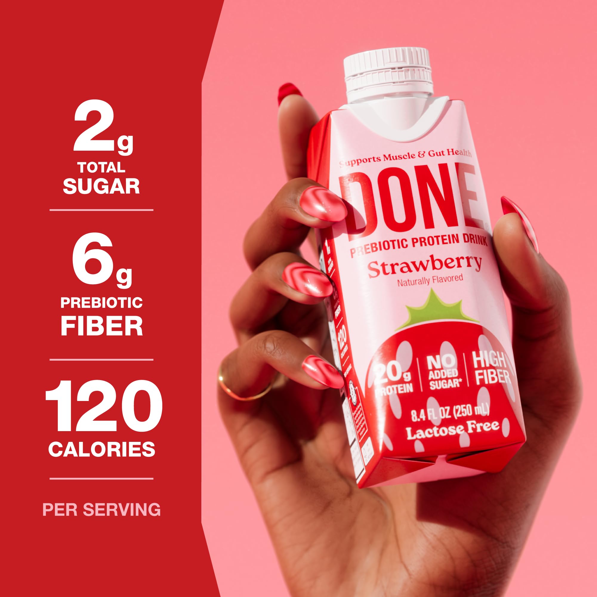 DONE prebiotic protein drink strawberry label close-up with clean ingredients