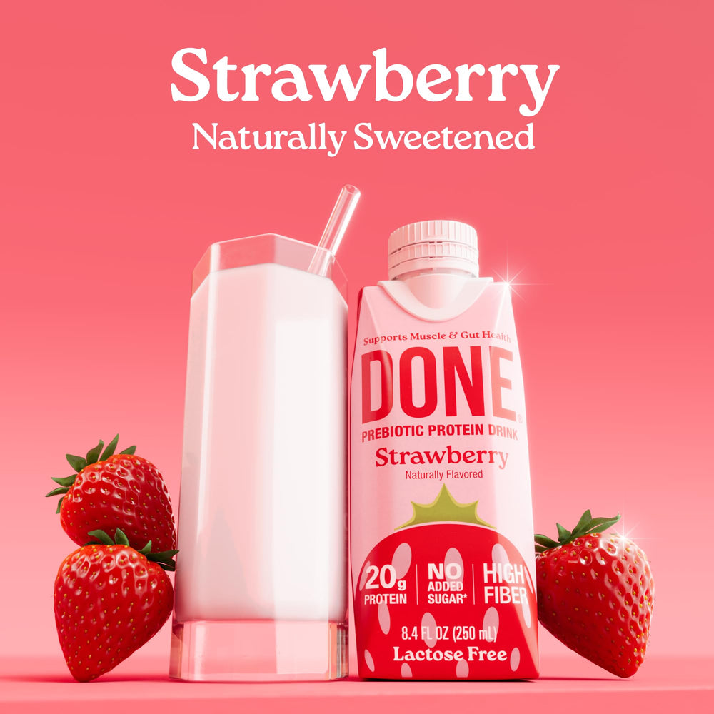 DONE prebiotic protein drink strawberry nutrition panel close-up highlighting protein