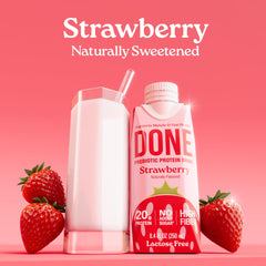 DONE prebiotic protein drink strawberry nutrition panel close-up highlighting protein