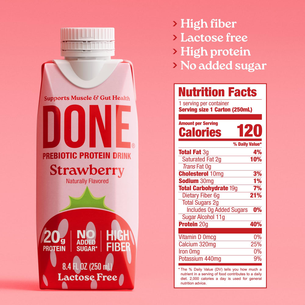 DONE prebiotic protein drink strawberry pour showing smooth texture