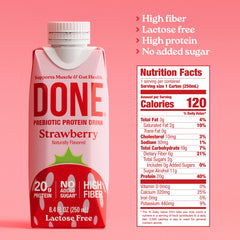 DONE prebiotic protein drink strawberry pour showing smooth texture