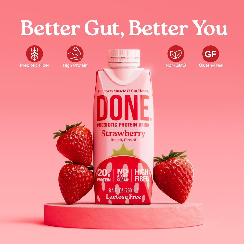 DONE prebiotic protein drink strawberry splash capturing vibrant flavor moment