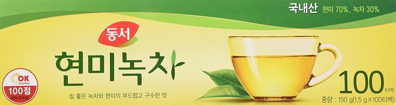 Dongsuh Brown Rice Green Tea bag in cup with smooth aroma for daily ritual.