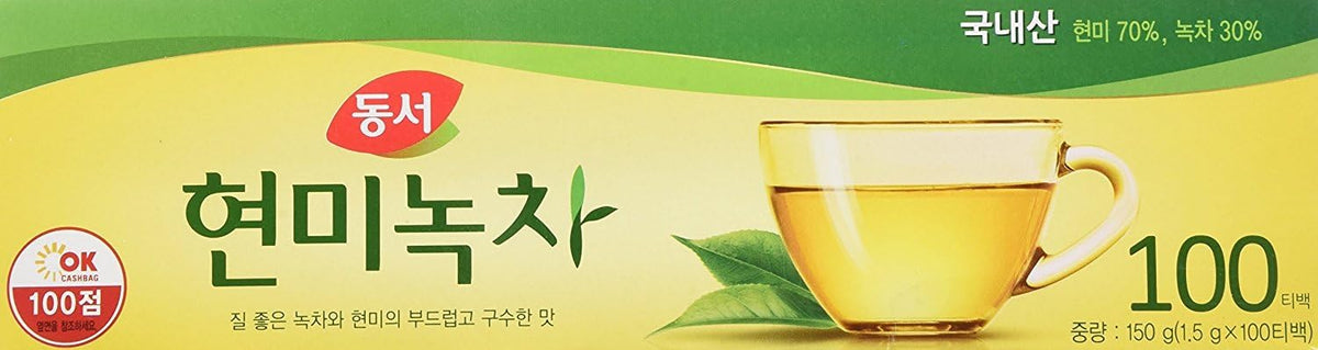 Dongsuh Brown Rice Green Tea bag in cup with smooth aroma for daily ritual.