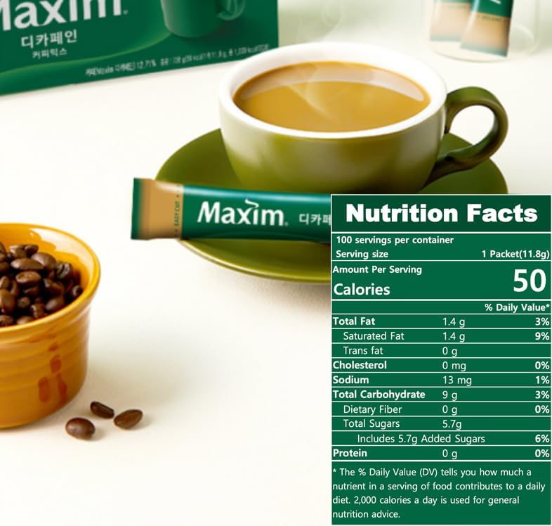 Dongsuh Maxim Decaf Coffee Mix 50T mug with steaming cup